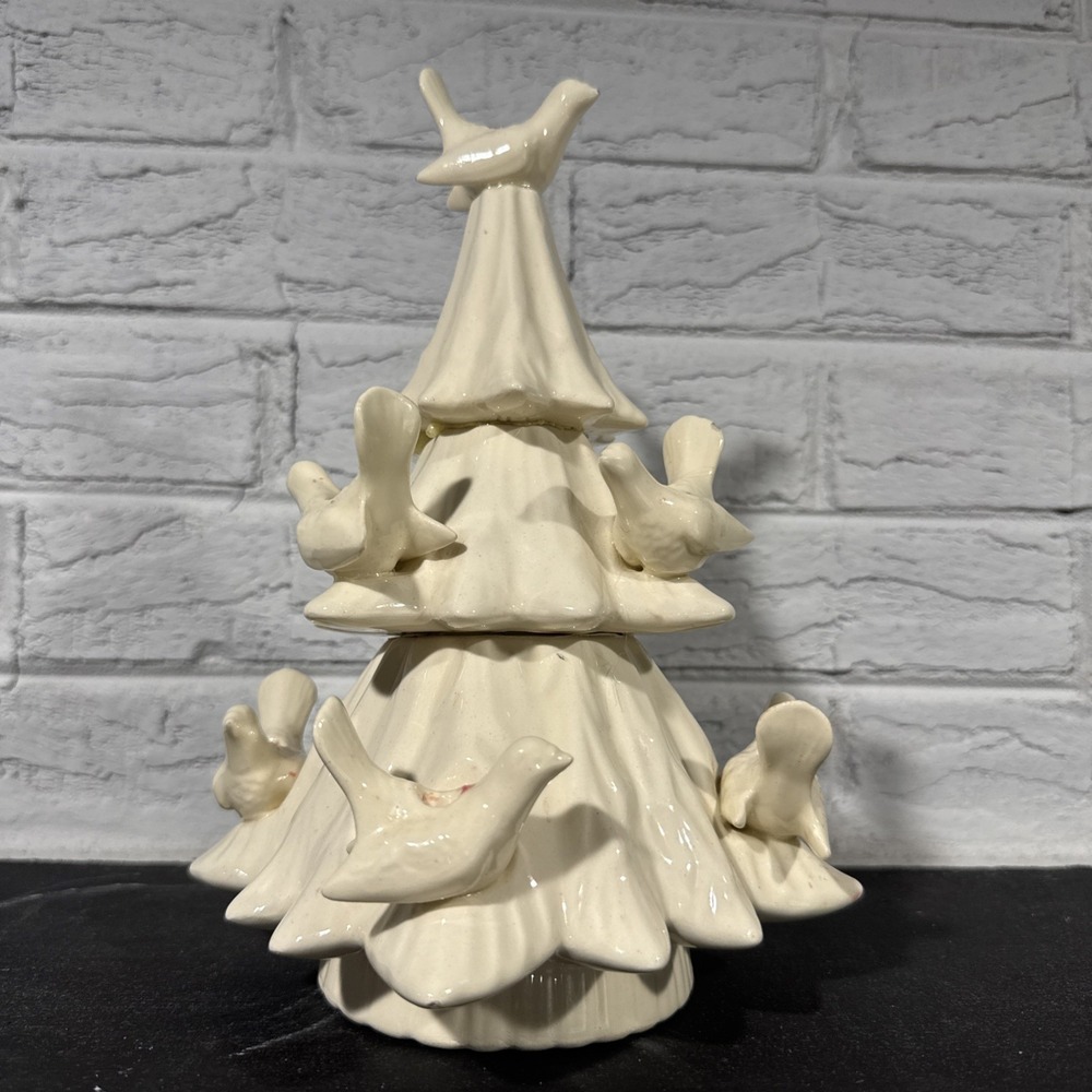 Vintage MCM Ceramic Christmas Tree White With Dove Candlestick Holders 9.5"